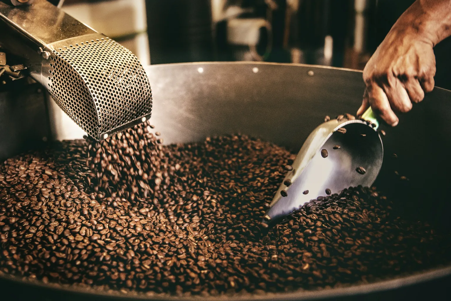 Freshly roasted beans turning in a roaster cooling tray as a hand lifts a scoop.