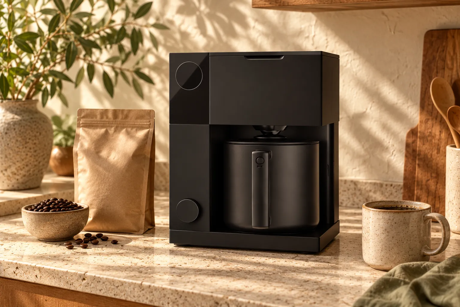 Illustration: a matte black precision drip brewer on a stone counter beside a bag of beans and a mug.